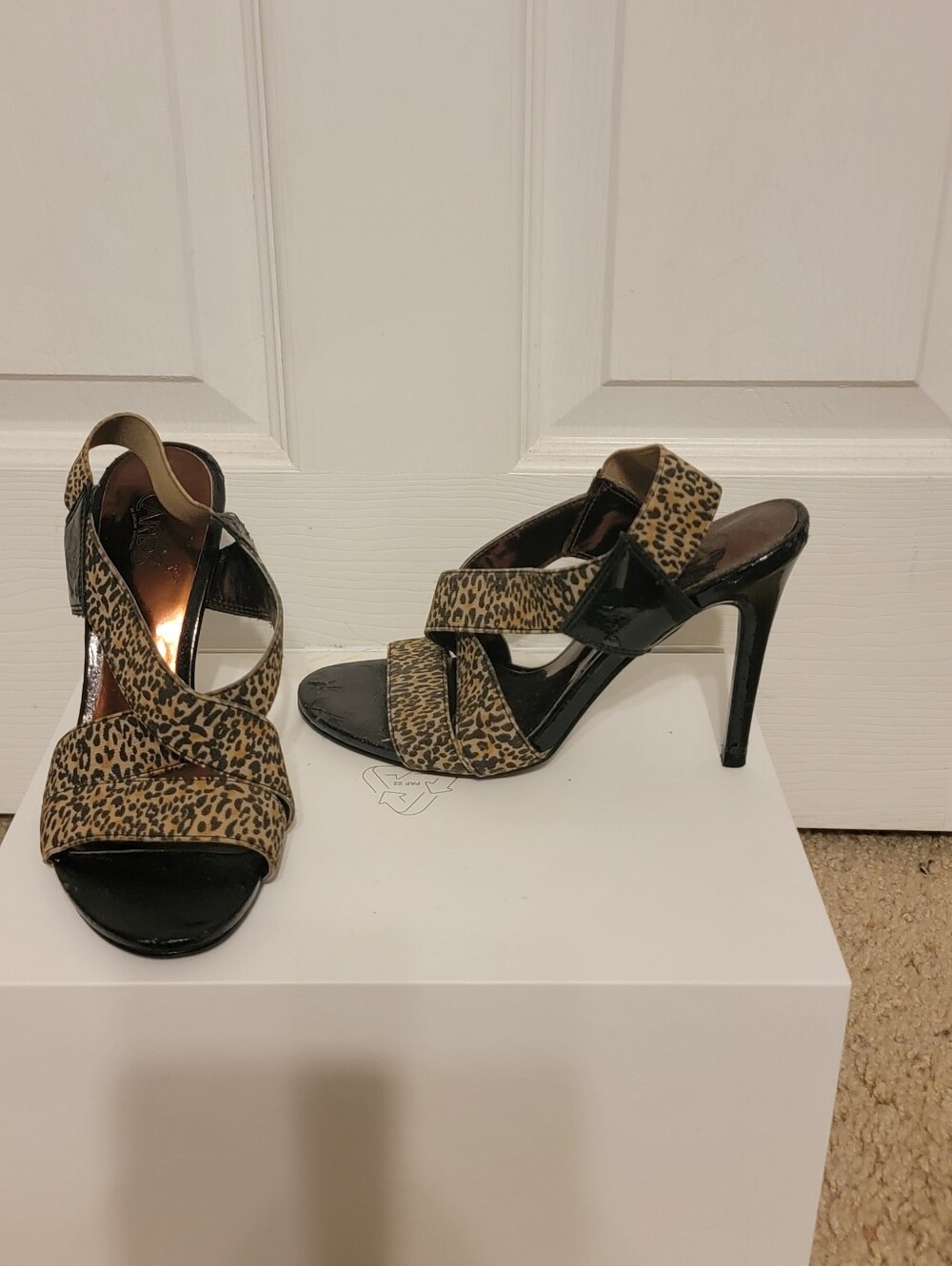 Carlos by Carlos Santana Leopard Print and Black Strappy High Heels
